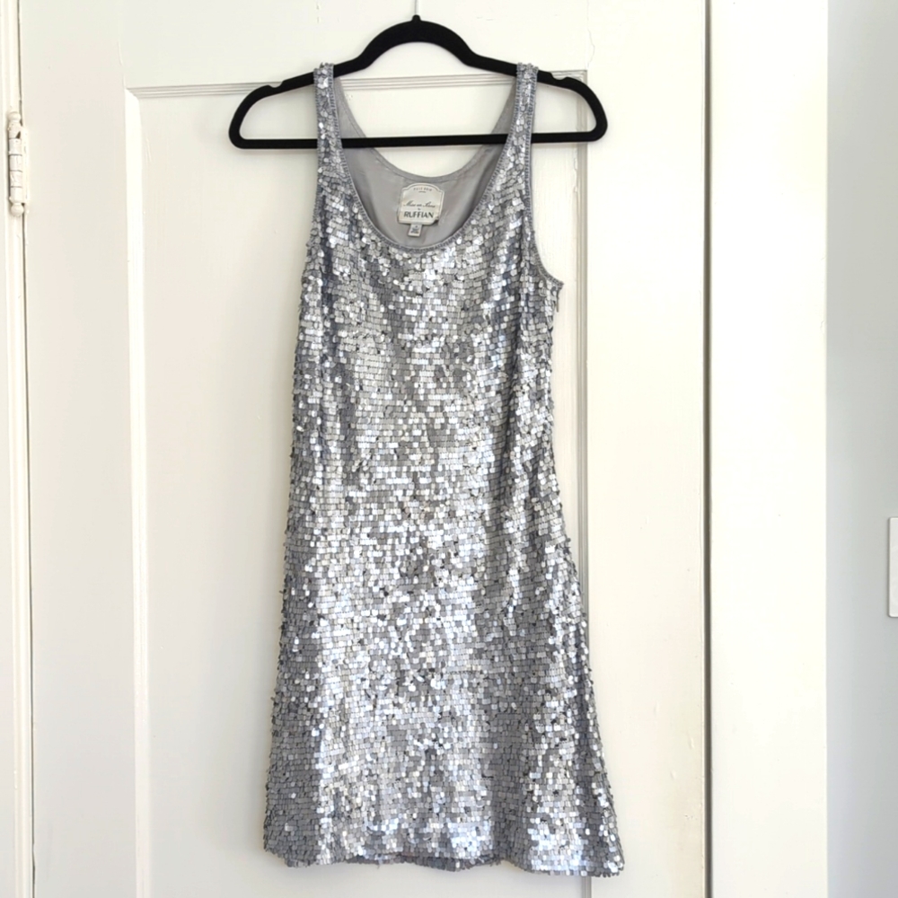 Anthropologie silver sequin shiny shift mini dress size 2